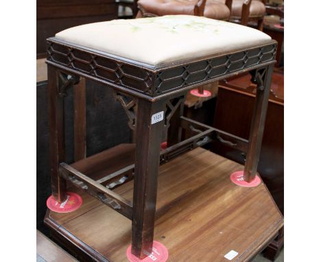 A Chinese Chippendale Style Mahogany Stool, with needlework drop in seat, 58cm by 38cm by 50cm; together with a powder blue f