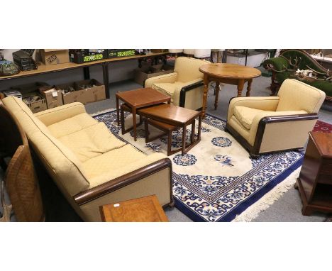 A 1920s Mahogany Framed Three Piece Suite, upholstered in gold coloured brocade fabric, the sofa 174cmStructurally sound, fra