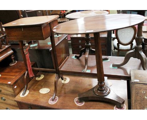 A 19th Century Mahogany Sewing Table, 42cm by 35cm by 71cm; together with a Regency mahogany lamp table on a waisted tri-form