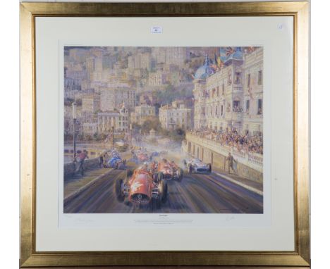 Alfredo de la Maria - 'Monaco Magic', colour print, editioned 86/850 and signed by Stirling Moss and Maurice Trintignant in p