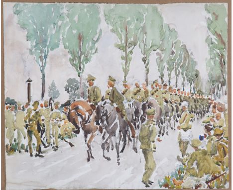 Greville Irwin - British Army Cavalry Regiment on a Tree-lined Avenue, early 20th century watercolour, 52cm x 61.5cm, togethe
