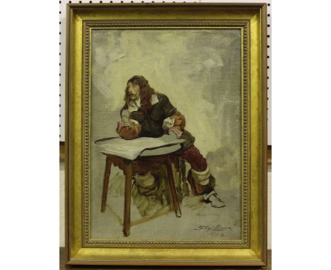 John Seymour Lucas - Seated Cavalier, oil on canvas, signed and dated 1884, 49.5cm x 35.5cm, within a gilt frame.Buyer’s Prem