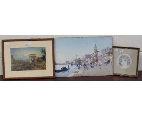Giai Marc - Rome, the Forum with the Arch of Titus and the Coliseum beyond, late 19th/early 20th century watercolour, signed,