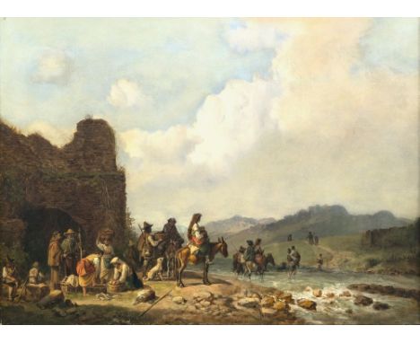 Heinrich Bürkel1802 Pirmasens - 1869 MünchenCampagnalandschaft mit ziehenden LandleutenL. u. signiert. Öl auf Lwd. 36,8 x 50 