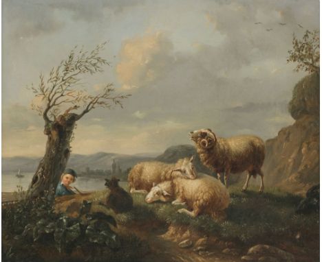 A. Brunhuberum 1854 Hirte mit Schafen über dem UferR. u. signiert und 1854 datiert. Öl auf Lwd. 24 x 28,5 cm. Doubliert. Rest