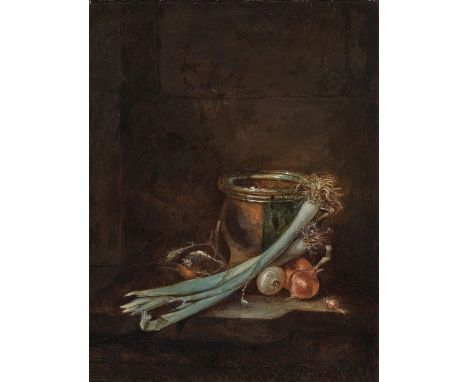 Unbekannt18. Jh. Stillleben mit Lauch und ZwiebelnÖl auf Holz. 27 x 20 cm. Parkettiert. Rest. Rahmen (39,5 x 33 cm). Auf der 