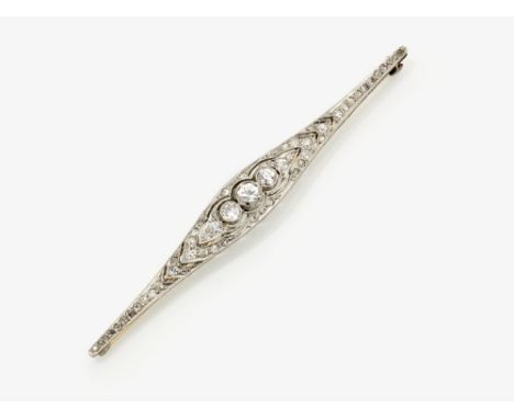Art dèco Stabnadel verziert mit DiamantenEngland, Art dèco 1925 Platin 950/-, Nadelführung in Gelbgold 585/-, getestet. Ca. 4