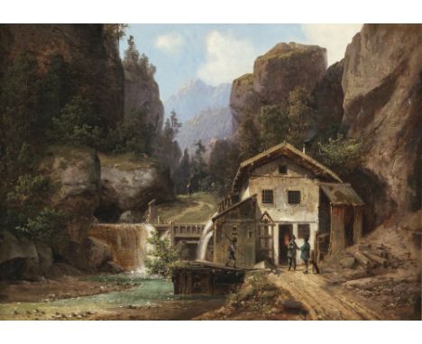 Anton Doll, zugeschrieben1826 München - 1887 ebendaMühle im GebirgeR. u. bezeichnet. Öl auf Karton. 30,3 x 41,5 cm. Rest. Rah