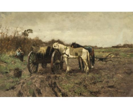 Johan Frederik Cornelis Scherrewitz1868 Amsterdam - 1951 HilversumRastender Bauer und Pferde auf dem FeldeR. u. signiert. Öl 