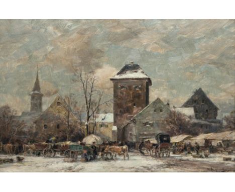 Karl Stuhlmüller1859 München - 1930 ebendaWinterlicher ViehmarktR. u. signiert und Ortsbezeichnung München. Öl auf Holz. 39 x