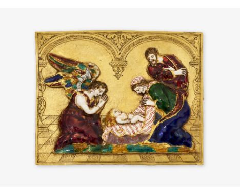 Plakette mit Anbetung des JesuskindesWohl Italien, um 1700 Gelbgold 750/-, getestet. Grünes, rotes, weißes, violettes, gelbes