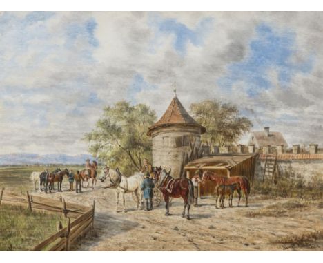 Franz Quaglio1844 München - 1920 Wasserburg am InnBauern und Reiter mit Pferden und einem Einspänner vor der StadtR. u. signi