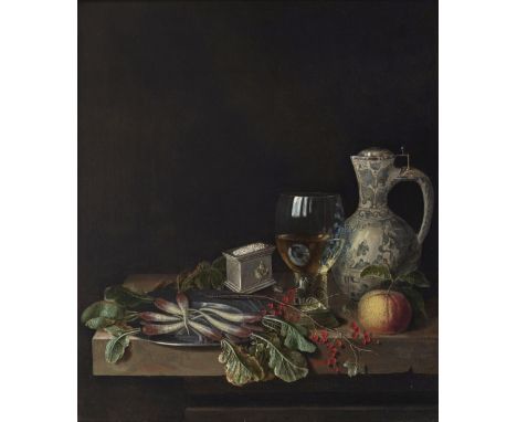 Niederlande (Nicolaes Bourgeois, verst. 1668 Amsterdam, Umkreis?)Stillleben mit Fayencekrug, Römer und RettichR. u. Reste ein