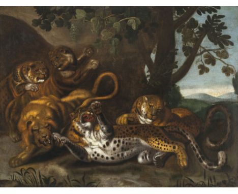 Deutsch (Art des Carl Borromäus A. Ruthart, 1630 Danzig - 1703 L'Aquila)2. Hälfte 17. Jh. Kämpfende Tiger und ein LöweÖl auf 