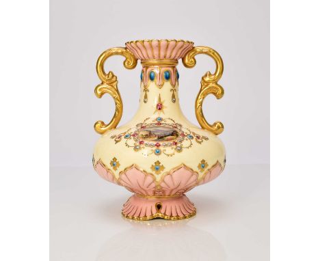 A Coalport 'jewelled' vase, circa 1881-1890of twin-handled form, the yellow and pink ground painted with a small oval landsca