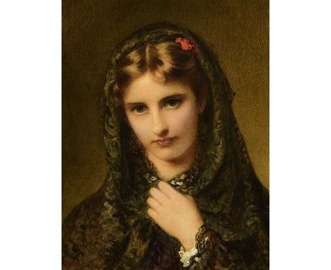 Edward Tayler (1828-1906) Portrait of a Young Woman wearing a Hooded Cloak, signed and dated '69 lower left, watercolour, 28.