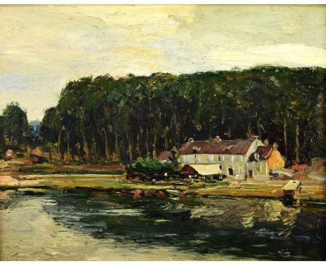 Alexander Jamieson (1873-1937) Village on the Seine, signed verso, oil on panel, 31 x 40 cm, frame 39 x 48 cmCondition:The pa