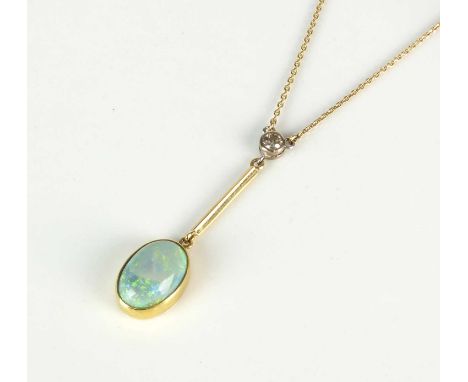 An opal and diamond pendant on chain, designed as an oval cabochon opal collet set in yellow metal to knife edge bar mounted 