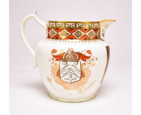 An English porcelain 'Success to Trade' jug, painted with a portrait of a black Moorish gentleman in a yellow headdress inscr