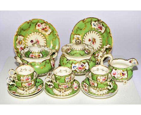 H&R Daniel - A 'C'-scroll porcelain part tea service, circa 1827-8, pattern 4369, 'Shrewsbury' green ground with reserves of 