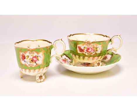H&amp;R Daniel - A 'C'-scroll porcelain trio of a coffee cup, teacup and saucer, circa 1827-28, pattern 4369, 'Shrewsbury' gr