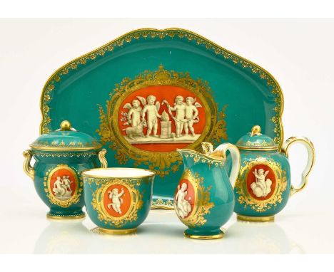 A Coalport cabaret service, circa 1860comprising tray, cream jug, tea bowl, teapot and cover, twin-handled sucrier and cover,