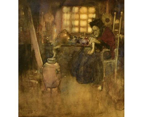 Edmund Dulac (1882-1953) Old Woman Knitting in front of a Brazier, signed and inscribed 'London Sketch Club' and dated Dec 10