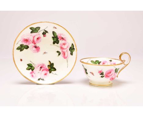 A Nantgarw porcelain 'Three Rose' teacup and saucer, circa 1820, painted with pink roses, foliage and scattered insects below