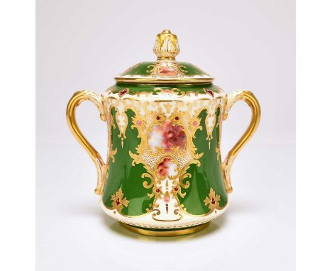A Coalport twin-handled tea caddy or sugar box, circa 1900dark green ground with raised gilt and panels of faux red and white
