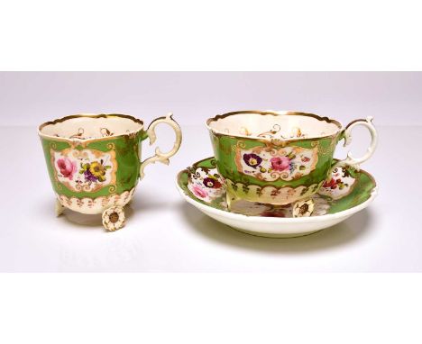 H&amp;R Daniel - A 'C'-scroll porcelain trio of a coffee cup, teacup and saucer, circa 1827-8, pattern 4369, 'Shrewsbury' gre