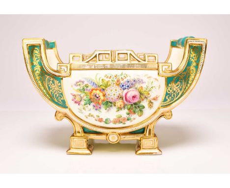 A good quality Coalport ornamental jardiniere, circa 1855-60modelled in the French style with a 'Sardinian' green ground, pai