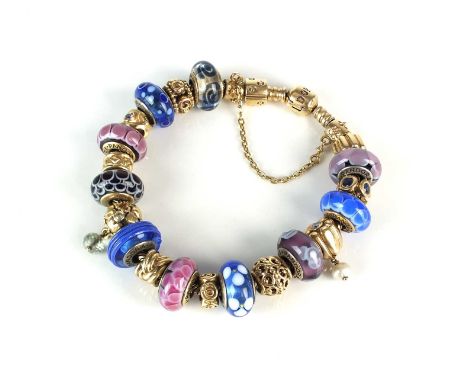 A 14ct gold Pandora herringbone bracelet with twenty charms, the clasp stamped '585 ALE', fifteen of the charms are 14ct and 