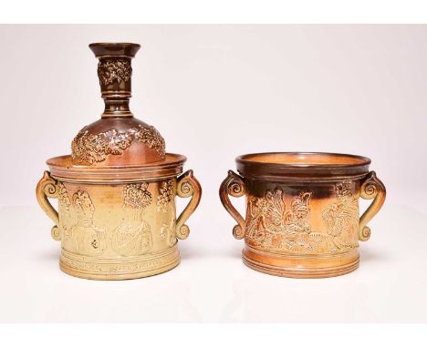 Two Derbyshire salt-glazed tobacco jars, mid-19th century the first, with inner and outer cover, dated 1843, inscribed to 'A.