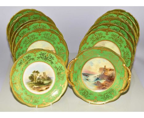 A Coalport dessert service by Arthur Perry and Percy Simpson, early 20th centurycomprising thirteen plates and one twin-handl