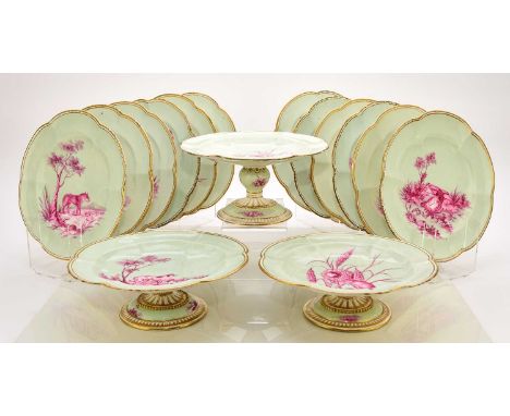 An unusual Coalport dessert service, circa 1860comprising twelve plates, two low comports and one tall comport, the pale gree