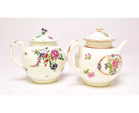 Two Worcester porcelain teapots, the first, circa 1760, painted in bold enamels with an array of packed and trailing flowers,