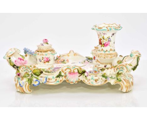 A Coalport 'Coalbrookdale' porcelain writing set or deskstand, circa 1835 of twin-handled form, with inkwell, sander and spil