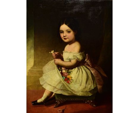 English School (c.1830) Portrait of a Young Girl seated on a green velvet stool, holding flowers in her right hand and lap, o