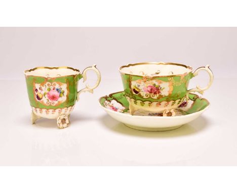 H&R Daniel - A 'C'-scroll porcelain trio of coffee cup, teacup and saucer, circa 1827-8, pattern 4369, 'Shrewsbury' green gro