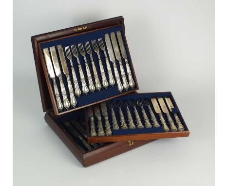 An early Victorian cased set of silver dessert knives and forks, Henry Atkin, Sheffield 1846, comprising eighteen knives and 