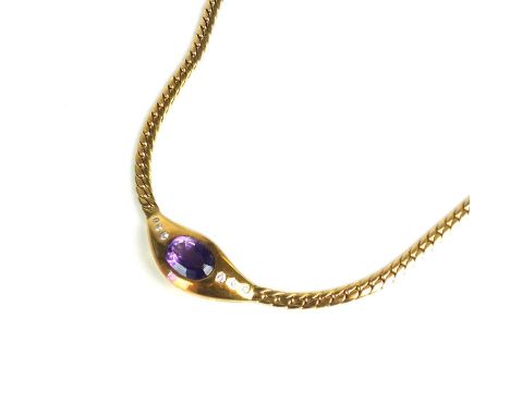 An amethyst and diamond necklace, designed as a central single oval mixed cut amethyst flanked to each side by three graduate