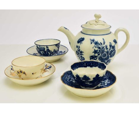 A small group of Caughley porcelain, 18th century, comprising a 'Bell Toy' tea bowl and saucer; a 'Three Flowers and Butterfl