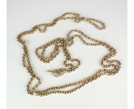 A yellow metal guard chain, with attached swivel and split ring, stamped '9c', 163cm long, weight approx 52g