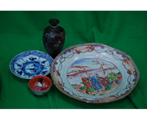  A miniature Japanese enamel cloisonne vases having a shaped body and waisted neck along with other Oriental items to include