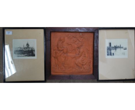 A framed tile artwork of peasants at a well along with a pair of framed and glazed prints of vintage city scenes.

Cost to po