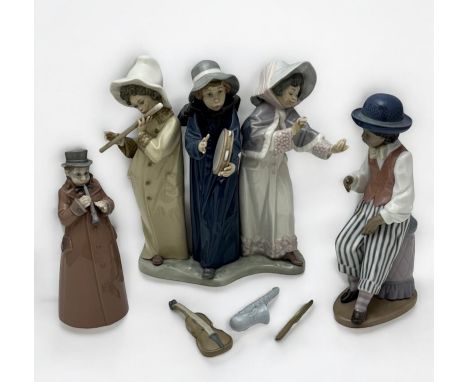 Lladro, three musician figurines to include; Jazz Sax (5833 – Sax detached), Street Musicians (Violin and bow detatched) and 