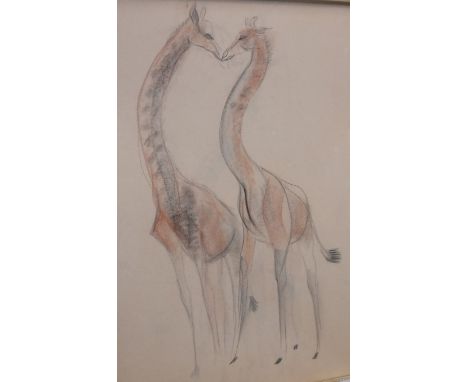 JOHN RATTENBURY SKEAPING (1901-1980) "Giraffes in caresse" charcoal with pastel, unsigned 54 cm x 39 cm 