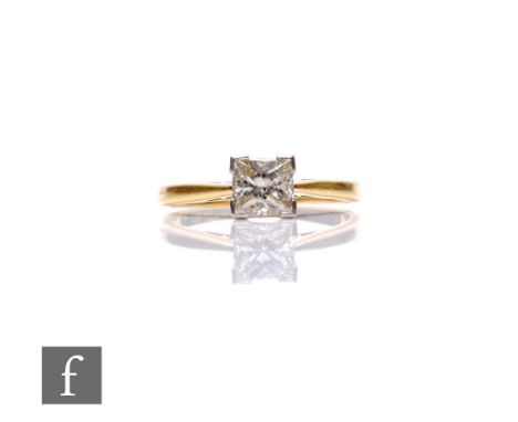 An 18ct hallmarked diamond solitaire, princess cut stone, weight approximately 0.75ct, colour L/M, clarity SI1, weight 3.2g, 