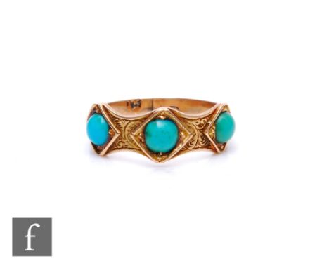 A late 19th Century 15ct three stone turquoise ring with foliate engraved decoration, weight 2.3g, ring size O, stamped 15.