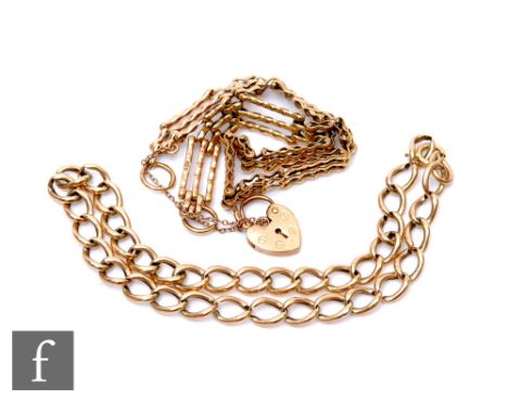 Two 9ct bracelets, an open curb and a three bar gate example, total weight 13g.